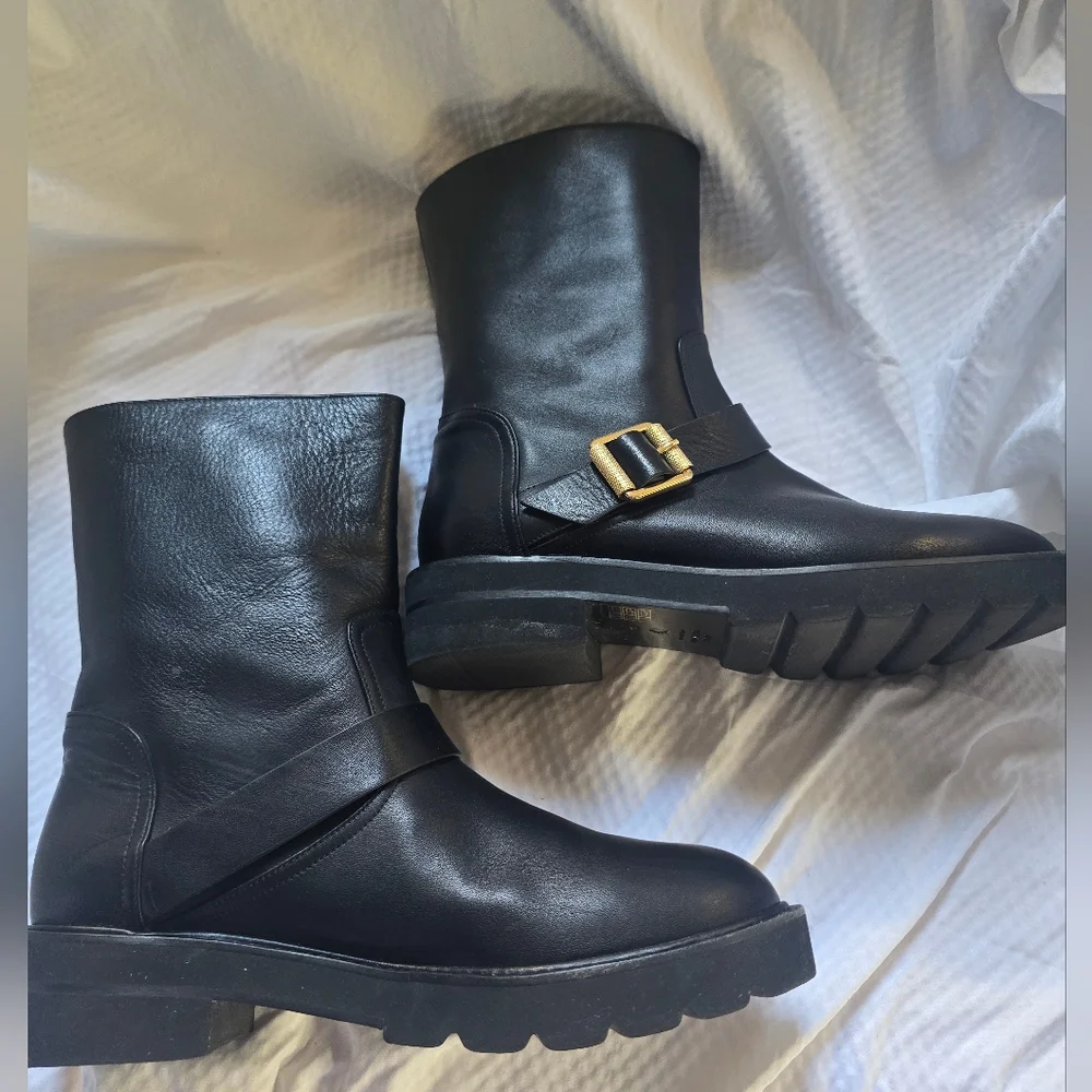 Stuart Weitzman NEW Black Combat Boots with Gold Buckle - Picture 7 of 14